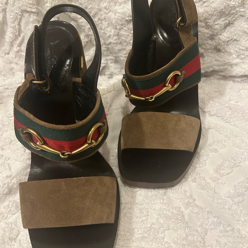 Gucci Brown Suede Web Horsebit Block Heel Slingback Sandal